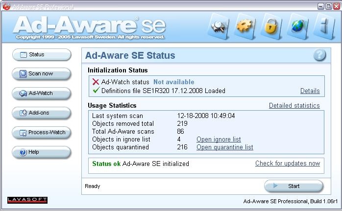 Ad-Aware SE Main window